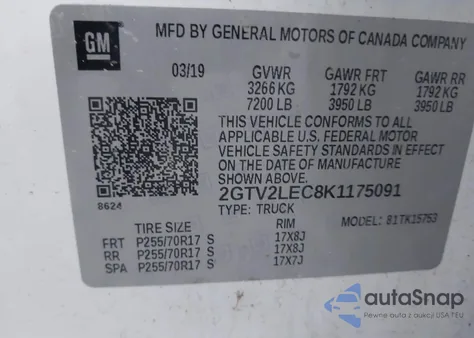 2019 GMC Sierra 1500 Limited z USA, uszkodzony, nr VIN 2GTV2LEC8K1175091